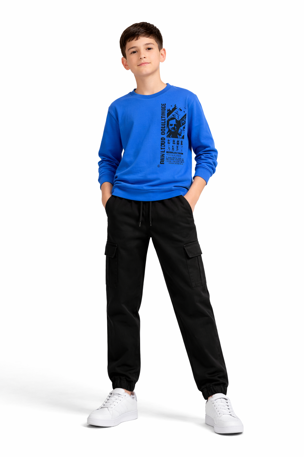 Blue Printed Shirt with Black Cargo Trouser