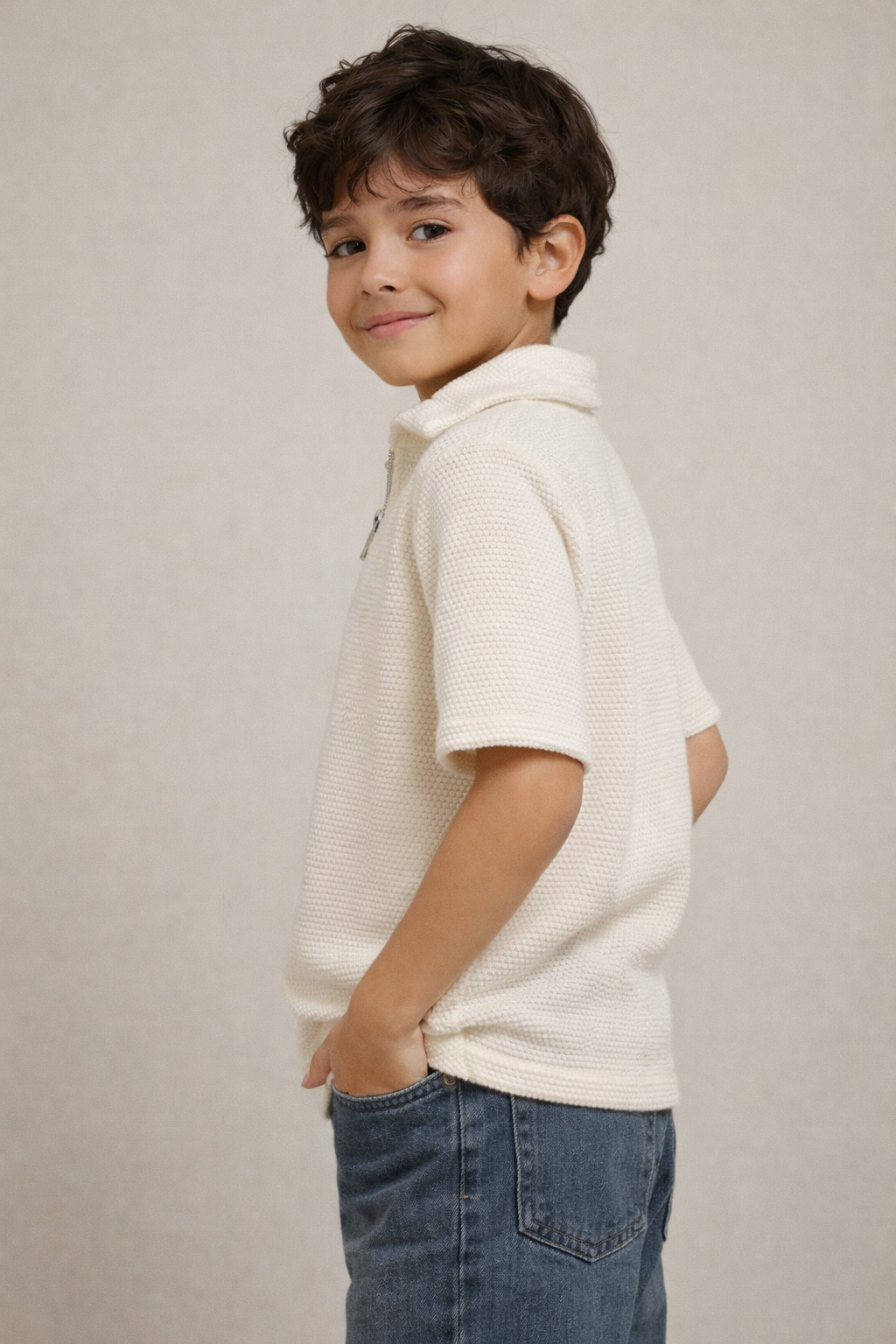 Kids Textured Half-Zip Polo Shirt – Off White
