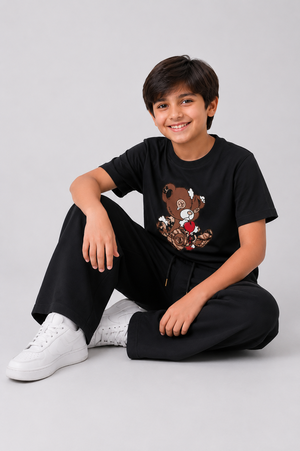 Boys Black Cotton Co-Ord Set with Bunny Graphic Print