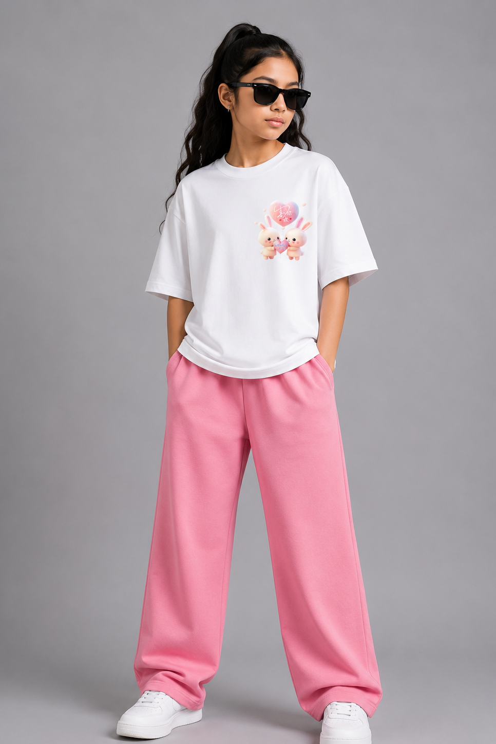 Girls White Drop Shoulder T-Shirt with Pink Baggy Trouser Set