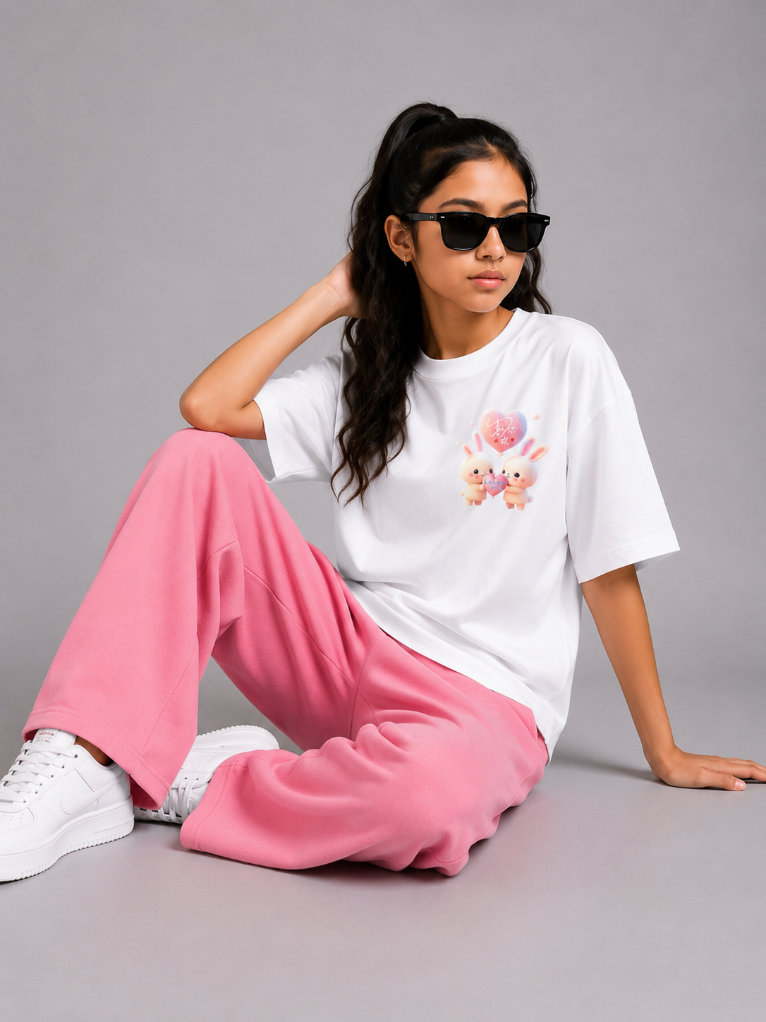 Girls White Drop Shoulder T-Shirt with Pink Baggy Trouser Set