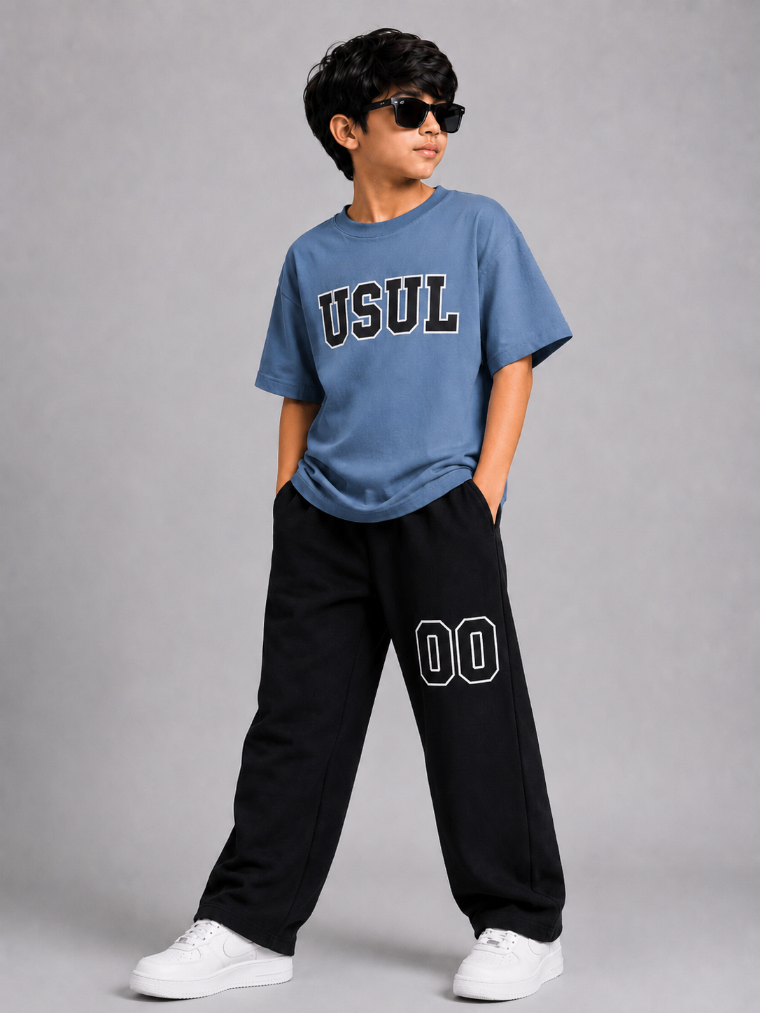 Boys Dusty Sky Blue Oversized T-Shirt &amp; Black Baggy Trouser Co-Ord Set