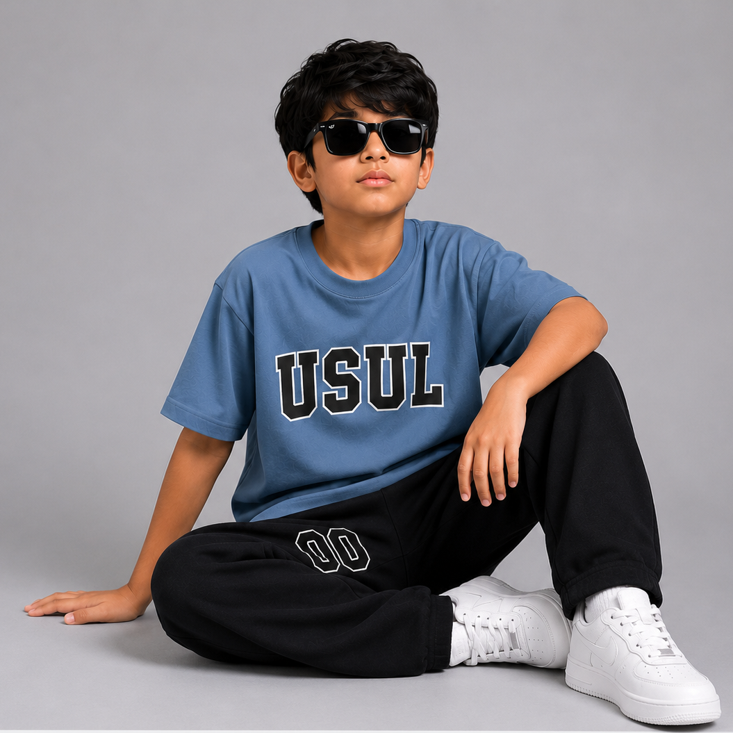 Boys Dusty Sky Blue Oversized T-Shirt &amp; Black Baggy Trouser Co-Ord Set