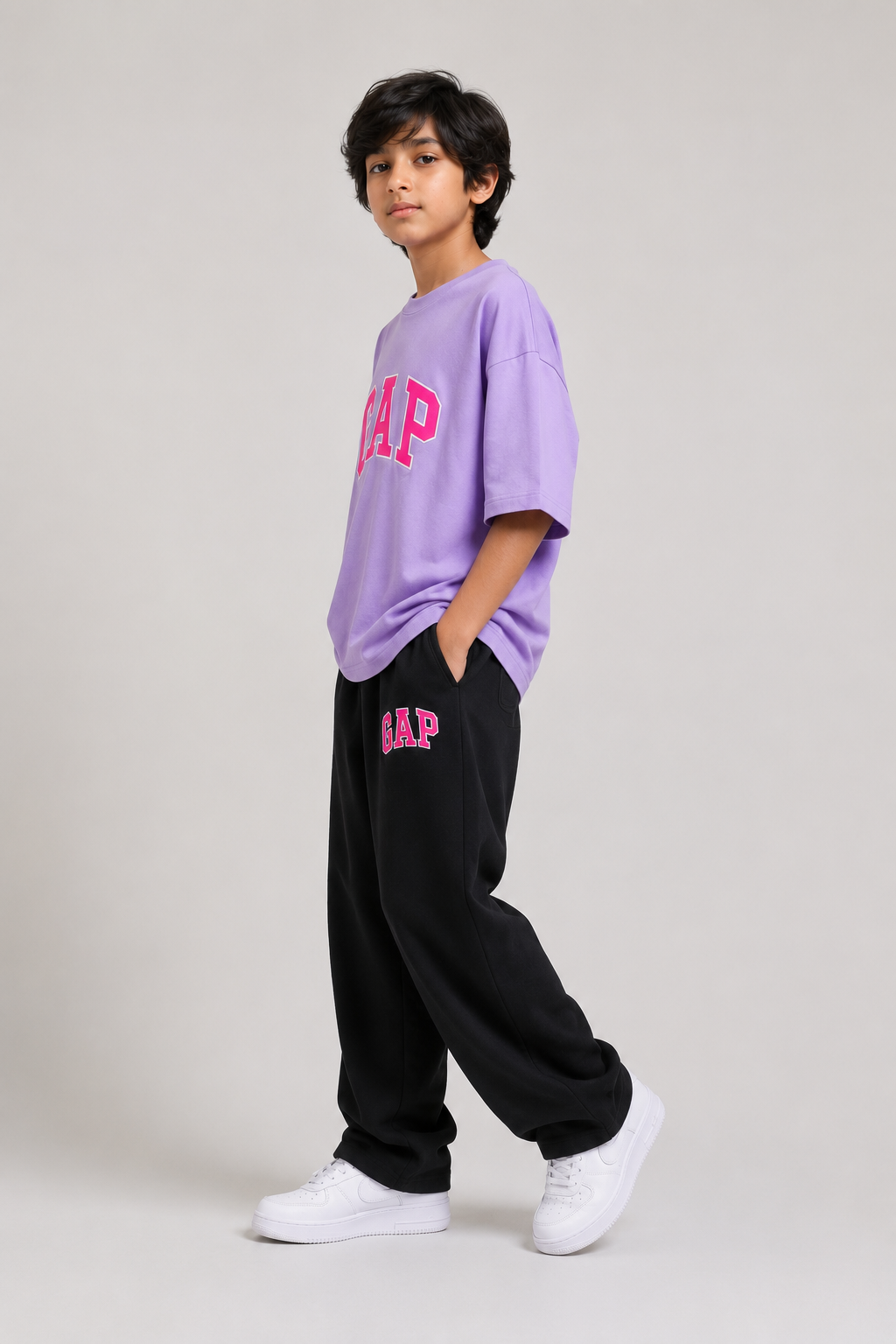 Kids Light Purple Drop Shoulder GAP Graphic T-Shirt with Black Baggy Trousers Co-Ord Set