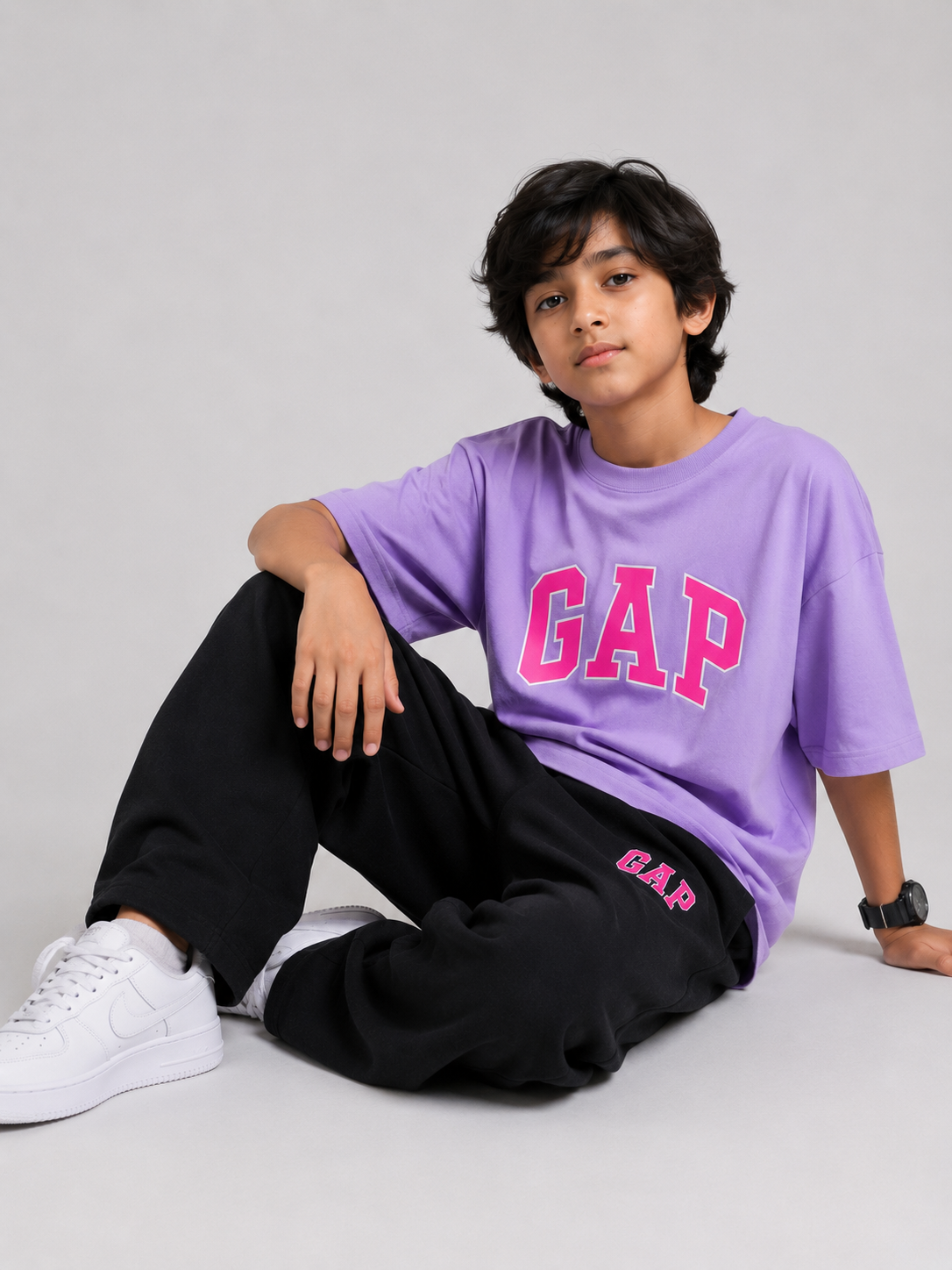 Kids Light Purple Drop Shoulder GAP Graphic T-Shirt with Black Baggy Trousers Co-Ord Set