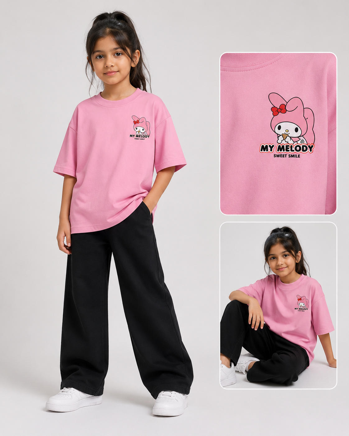 Girls Pink My Melody Drop Shoulder T-Shirt with Black Baggy Trousers Co-Ord Set