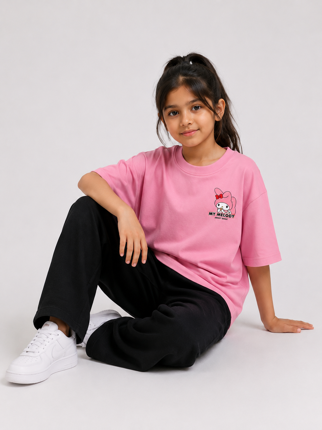 Girls Pink My Melody Drop Shoulder T-Shirt with Black Baggy Trousers Co-Ord Set