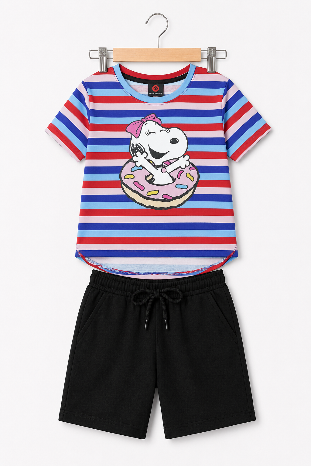 Girls' Snoopy Striped T-Shirt with Black Jersey Shorts Co-Ord Set