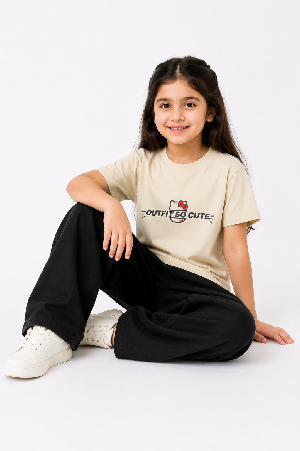 Girls Beige "Outfit So Cute" – Premium Cotton Casual Set