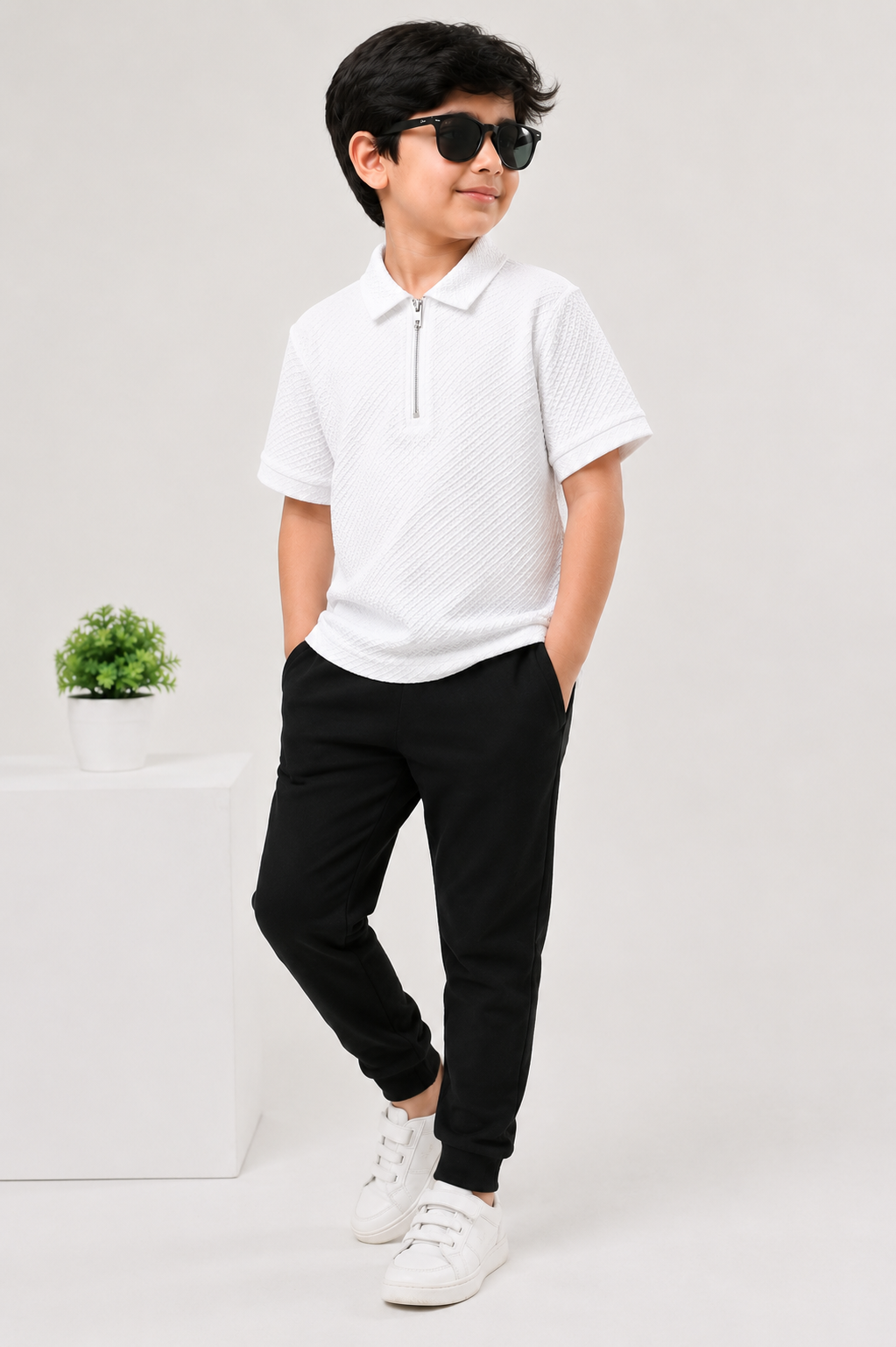 Kids Premium White Textured Half-Zip Polo Shirt