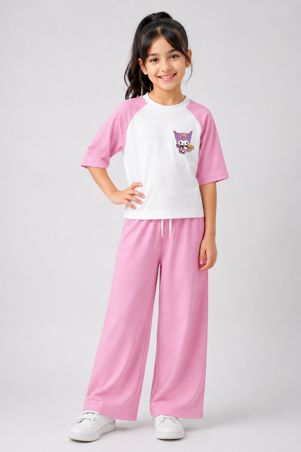 Girls Pink & White Raglan Co-Ord Set with Cute Character Print
