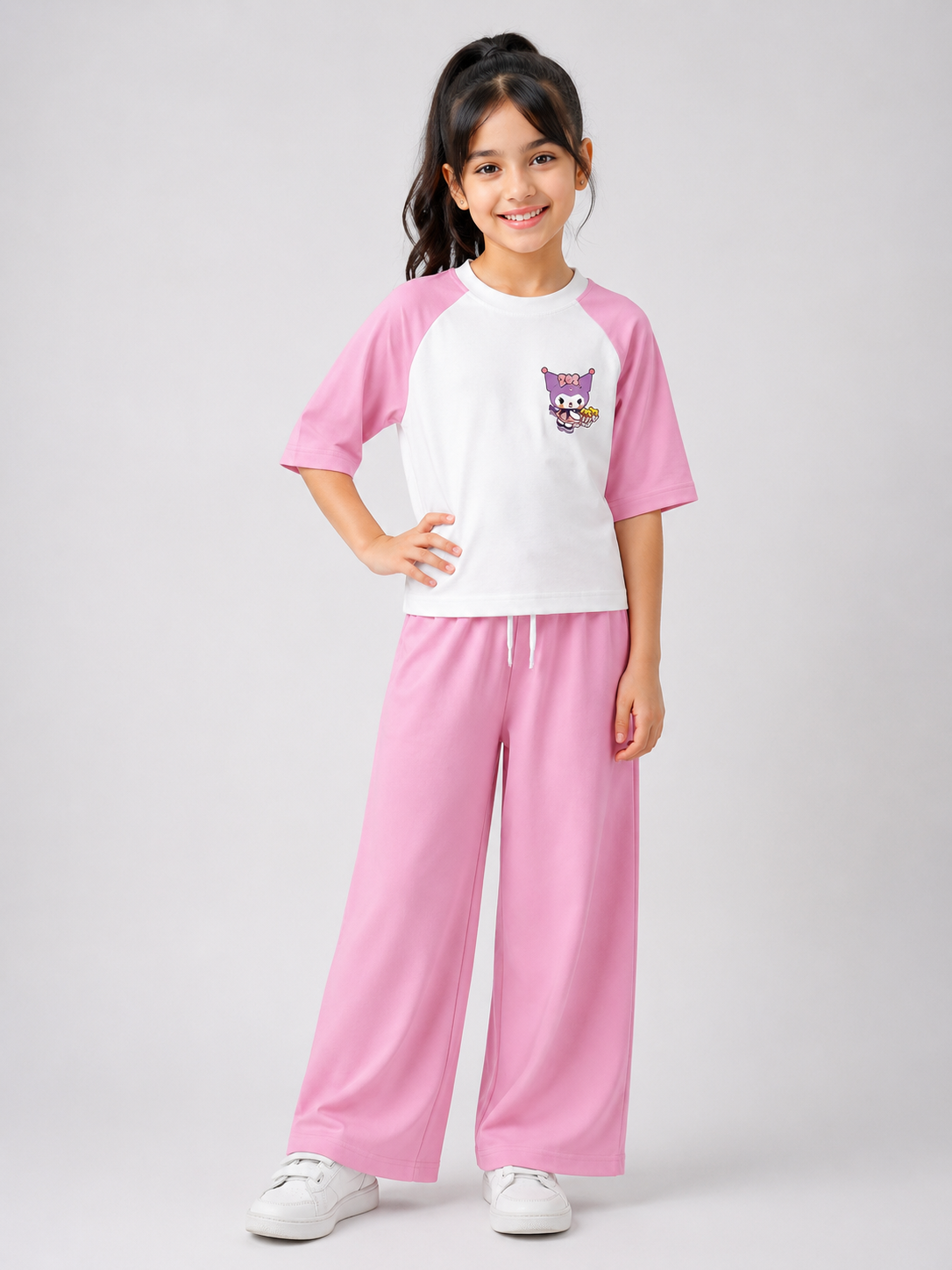 Girls Pink & White Raglan Co-Ord Set with Cute Character Print