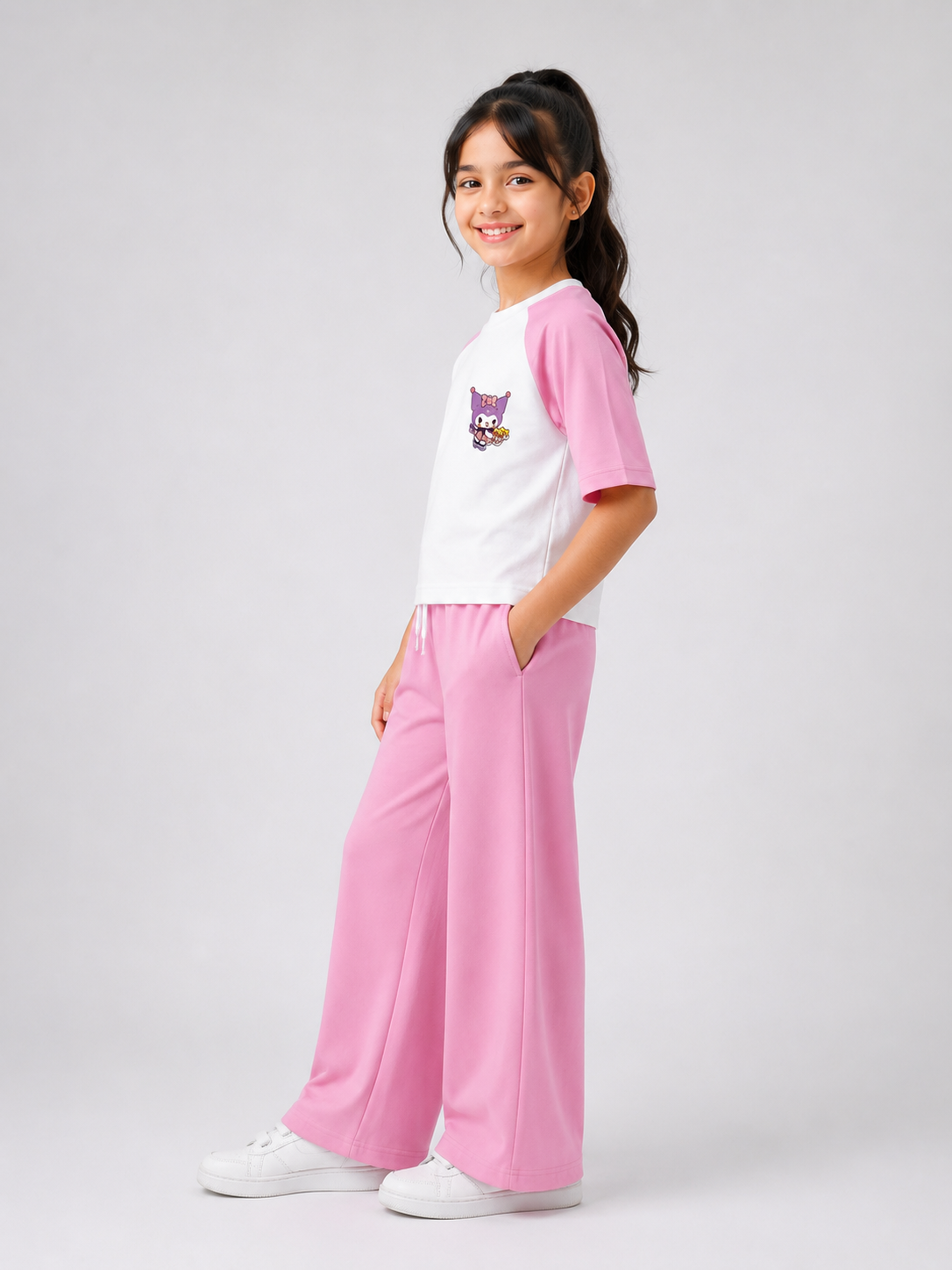 Girls Pink & White Raglan Co-Ord Set with Cute Character Print