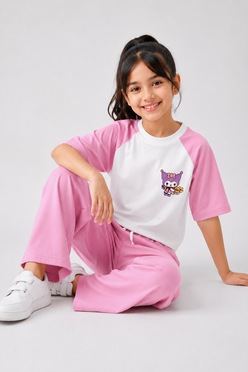 Girls Pink & White Raglan Co-Ord Set with Cute Character Print