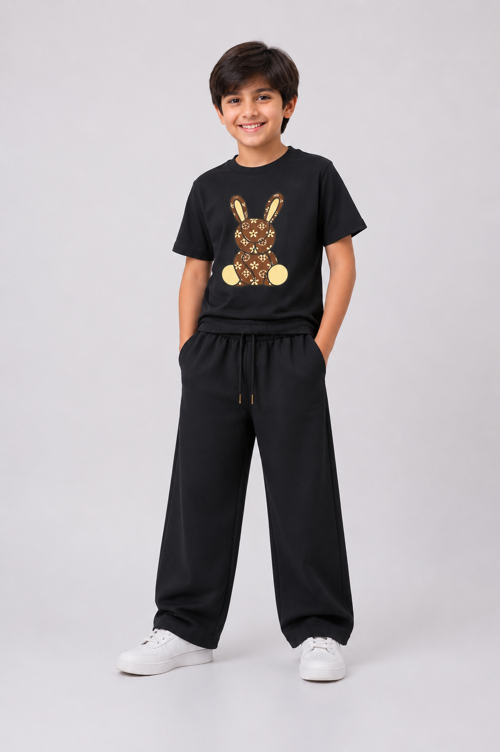 Boys Black Cotton Co-Ord Set with Bunny Graphic Print