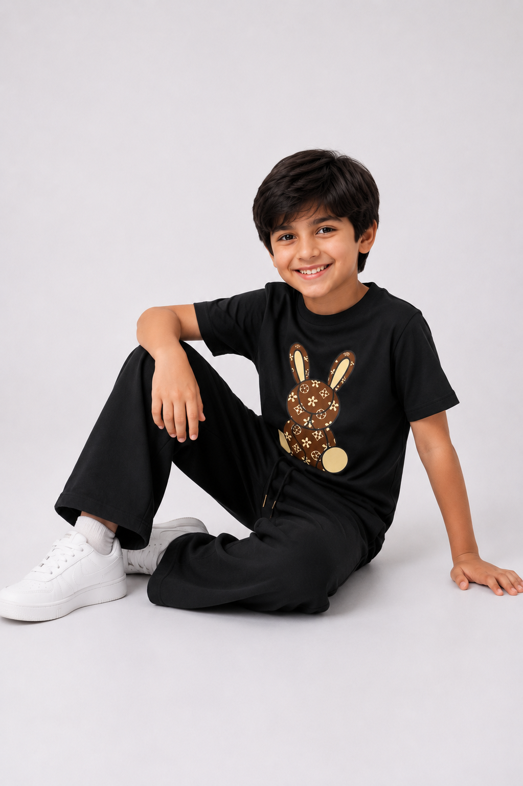 Boys Black Cotton Co-Ord Set with Bunny Graphic Print