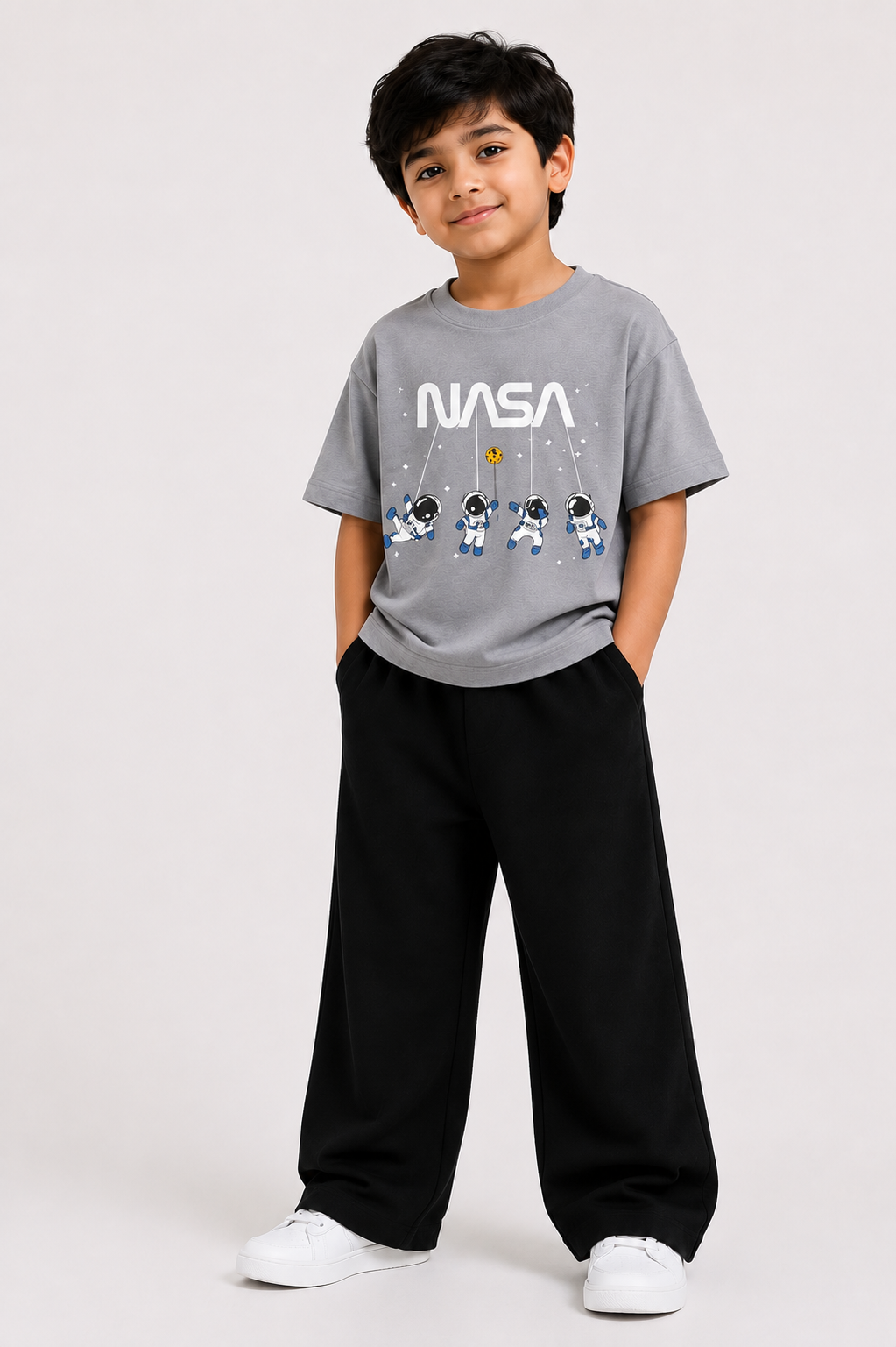 Kids Grey NASA Graphic T-Shirt with Black Wide-Leg Trousers