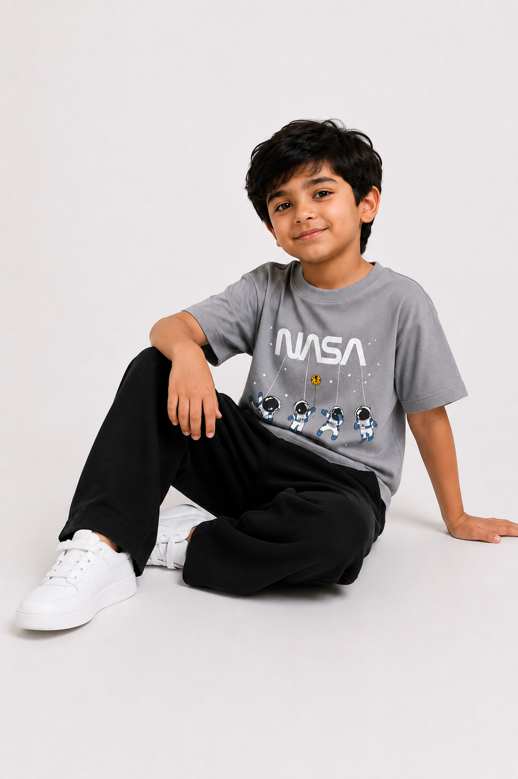 Kids Grey NASA Graphic T-Shirt with Black Wide-Leg Trousers