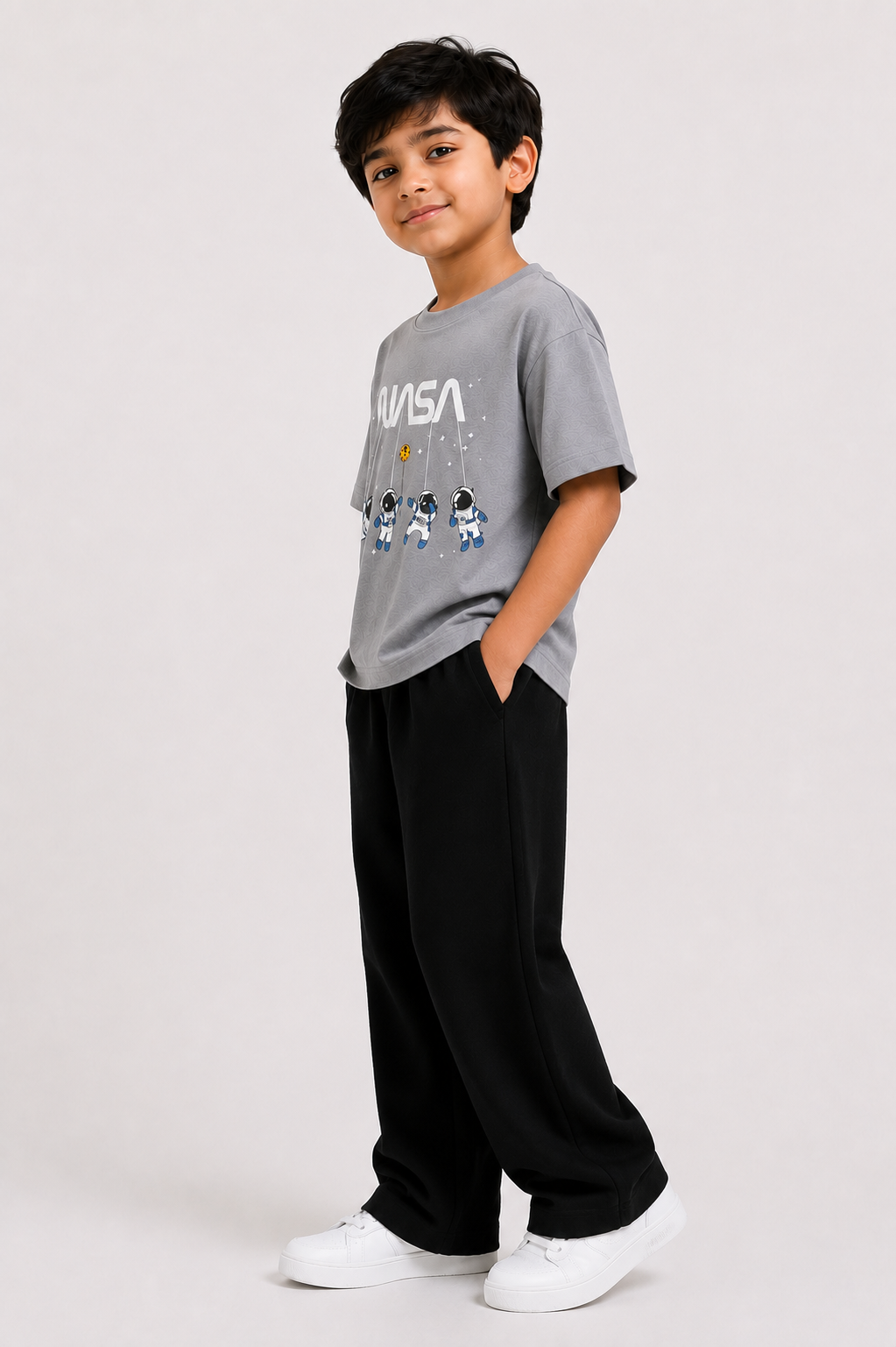 Kids Grey NASA Graphic T-Shirt with Black Wide-Leg Trousers