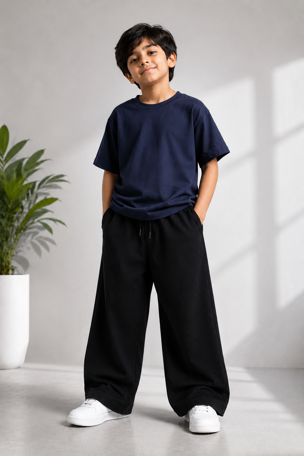 Kids Navy Blue Oversized T-Shirt with Black Baggy Trousers