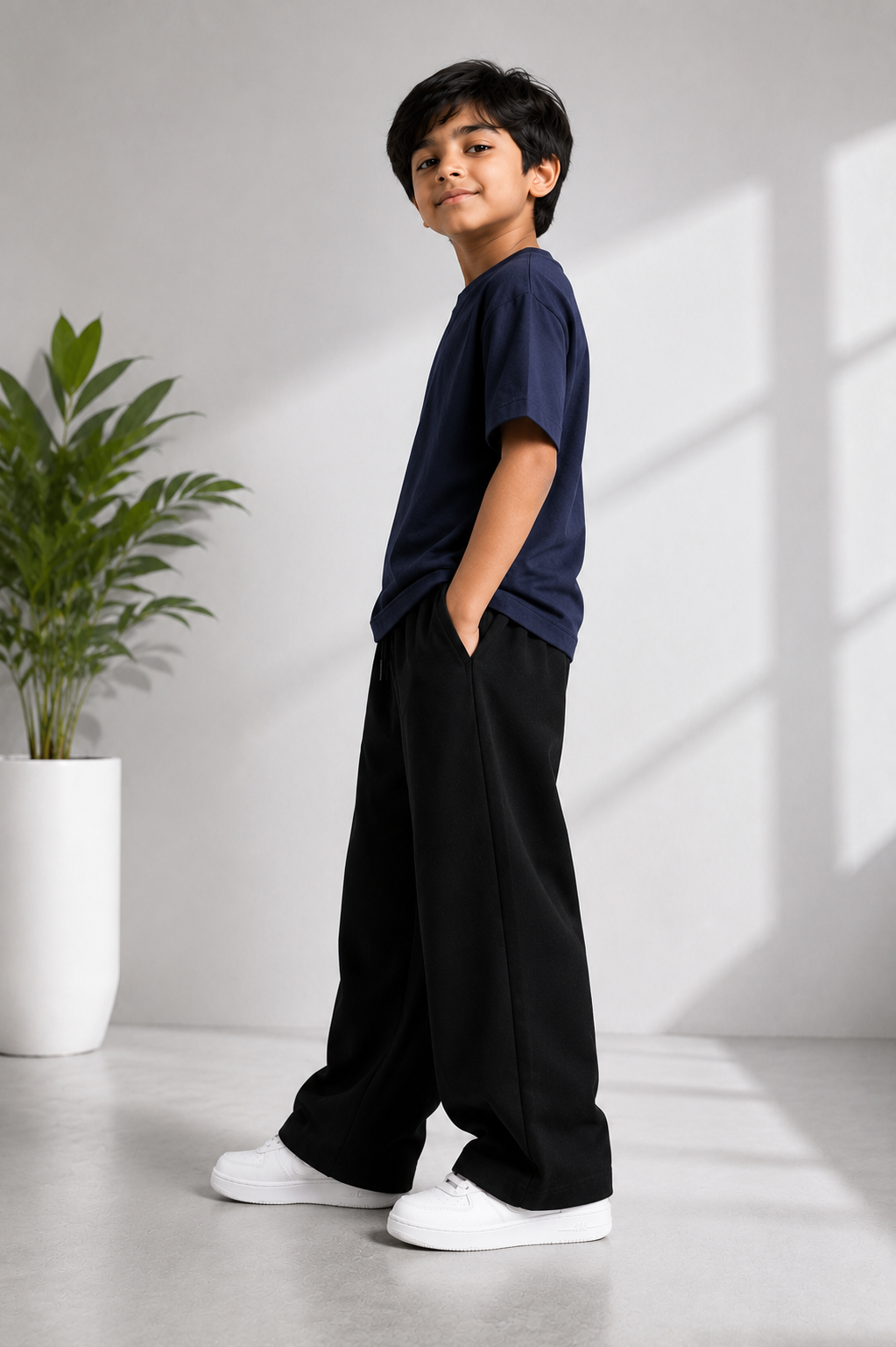 Kids Navy Blue Oversized T-Shirt with Black Baggy Trousers