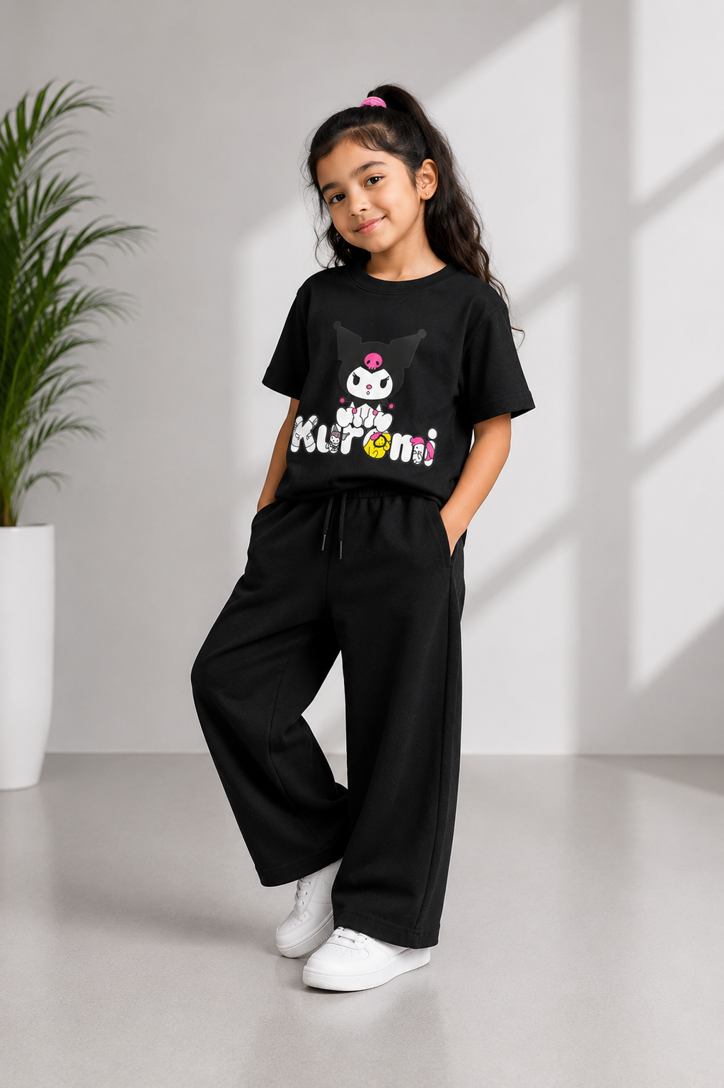 Kids Black Kuromi Graphic T-Shirt with Black Baggy Trousers