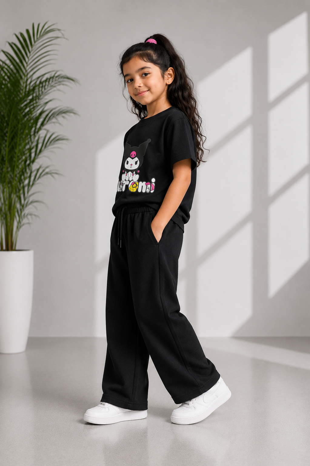 Kids Black Kuromi Graphic T-Shirt with Black Baggy Trousers