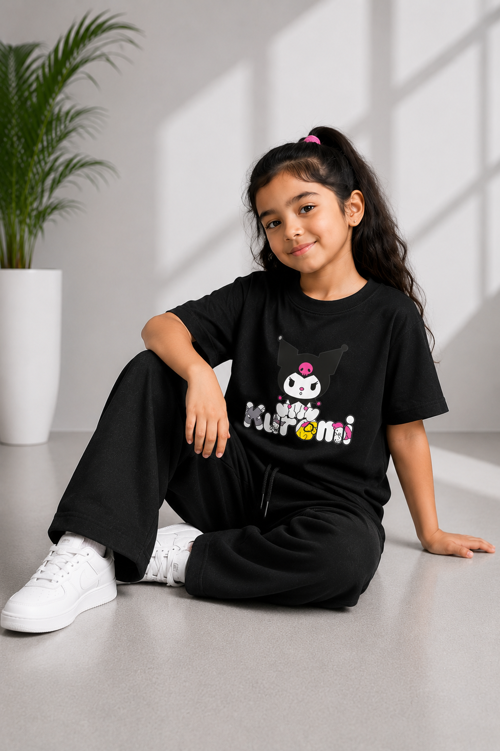 Kids Black Kuromi Graphic T-Shirt with Black Baggy Trousers