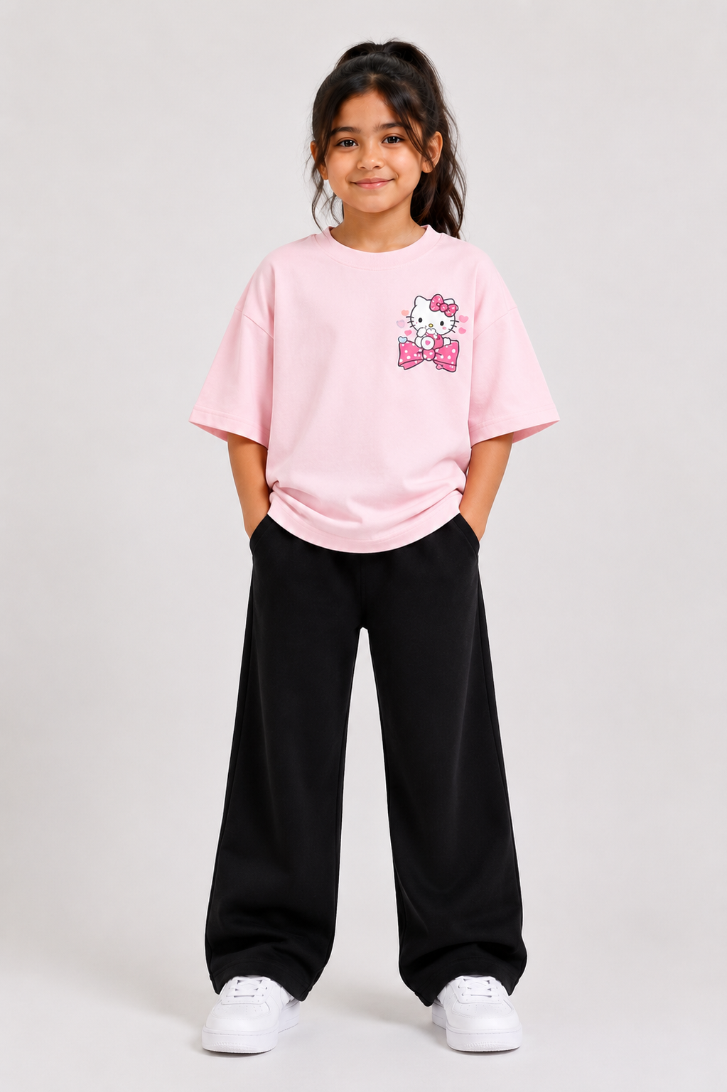 Girls Pastel Pink T-Shirt with Cute Kitty Print &amp; Black Wide-Leg Pants Set