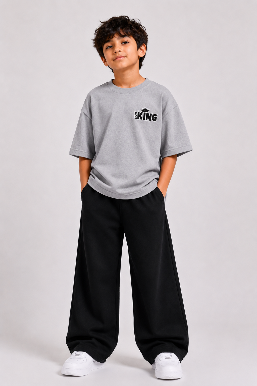 Boys Grey Drop Shoulder T-Shirt with Black Wide-Leg Trouser Set