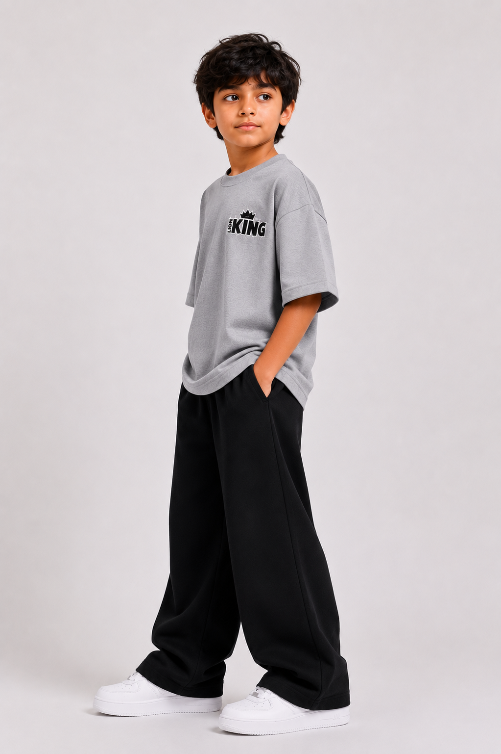Boys Grey Drop Shoulder T-Shirt with Black Wide-Leg Trouser Set