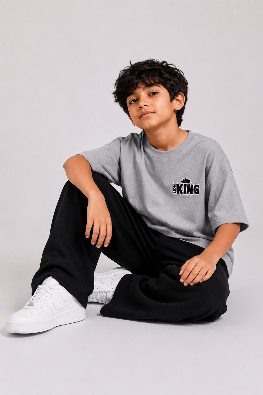 Boys Grey Drop Shoulder T-Shirt with Black Wide-Leg Trouser Set