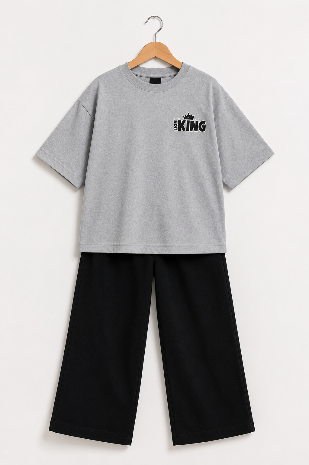Boys Grey Drop Shoulder T-Shirt with Black Wide-Leg Trouser Set