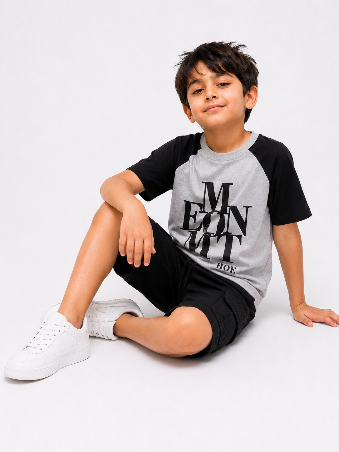 Kids Grey & Black Raglan T-Shirt with Statement Print & Black Cargo Shorts Set
