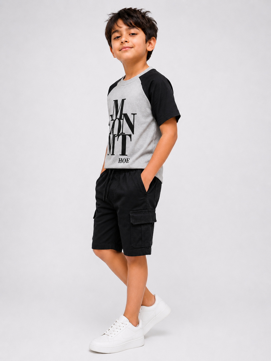 Kids Grey & Black Raglan T-Shirt with Statement Print & Black Cargo Shorts Set