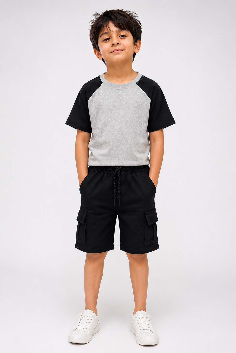Kids Grey & Black Raglan with king T-Shirt and Black Cargo Shorts Set | Casual Summer Outfit (Copy)