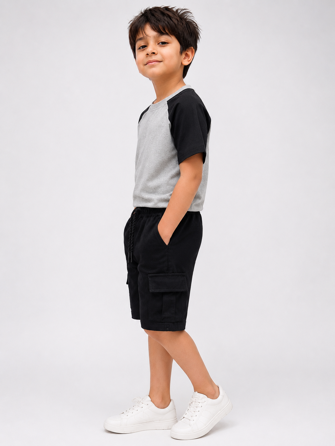 Kids Grey & Black Raglan T-Shirt with Black Cargo Shorts Set | Casual Summer Outfit