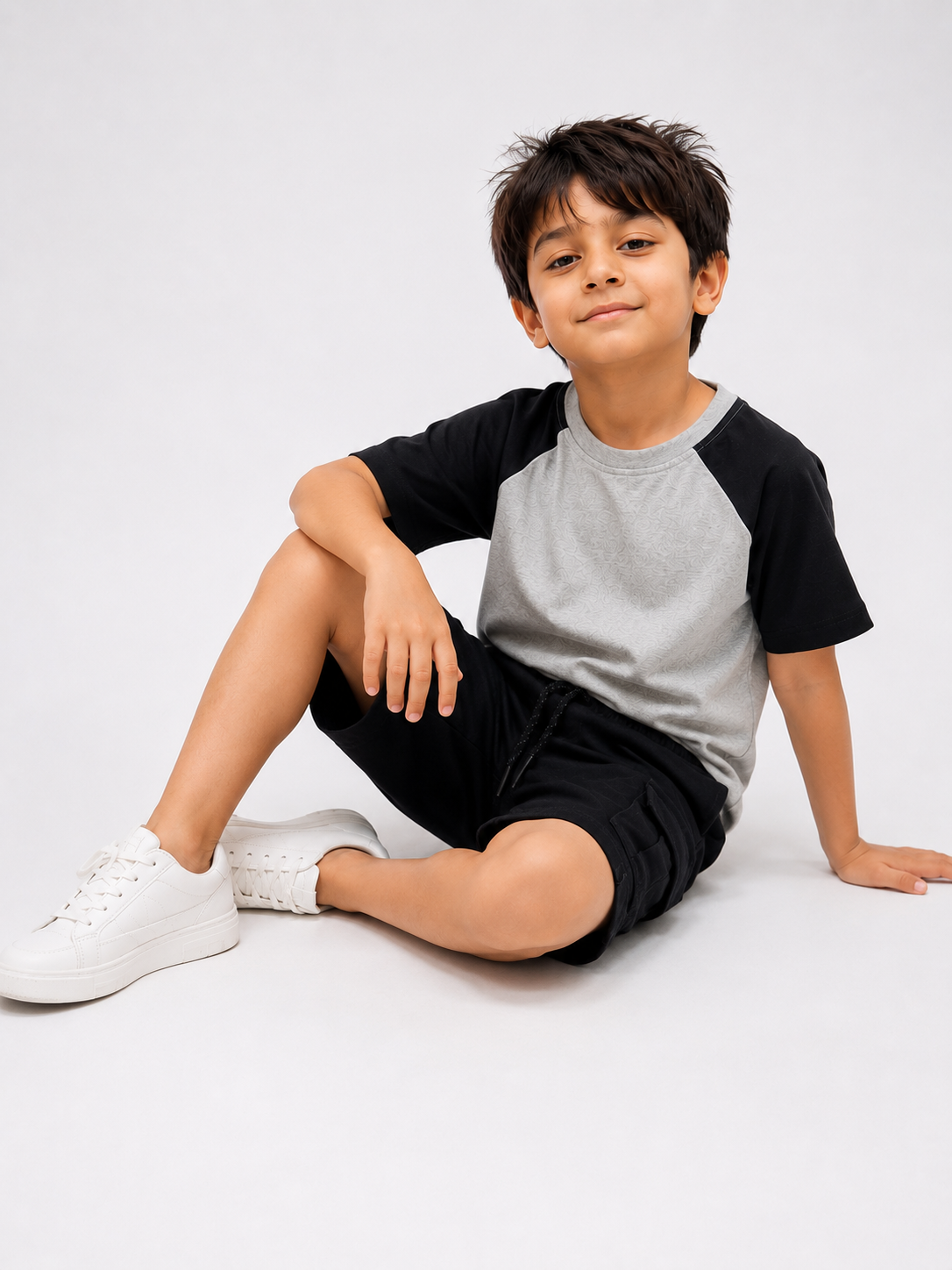 Kids Grey & Black Raglan T-Shirt with Black Cargo Shorts Set | Casual Summer Outfit