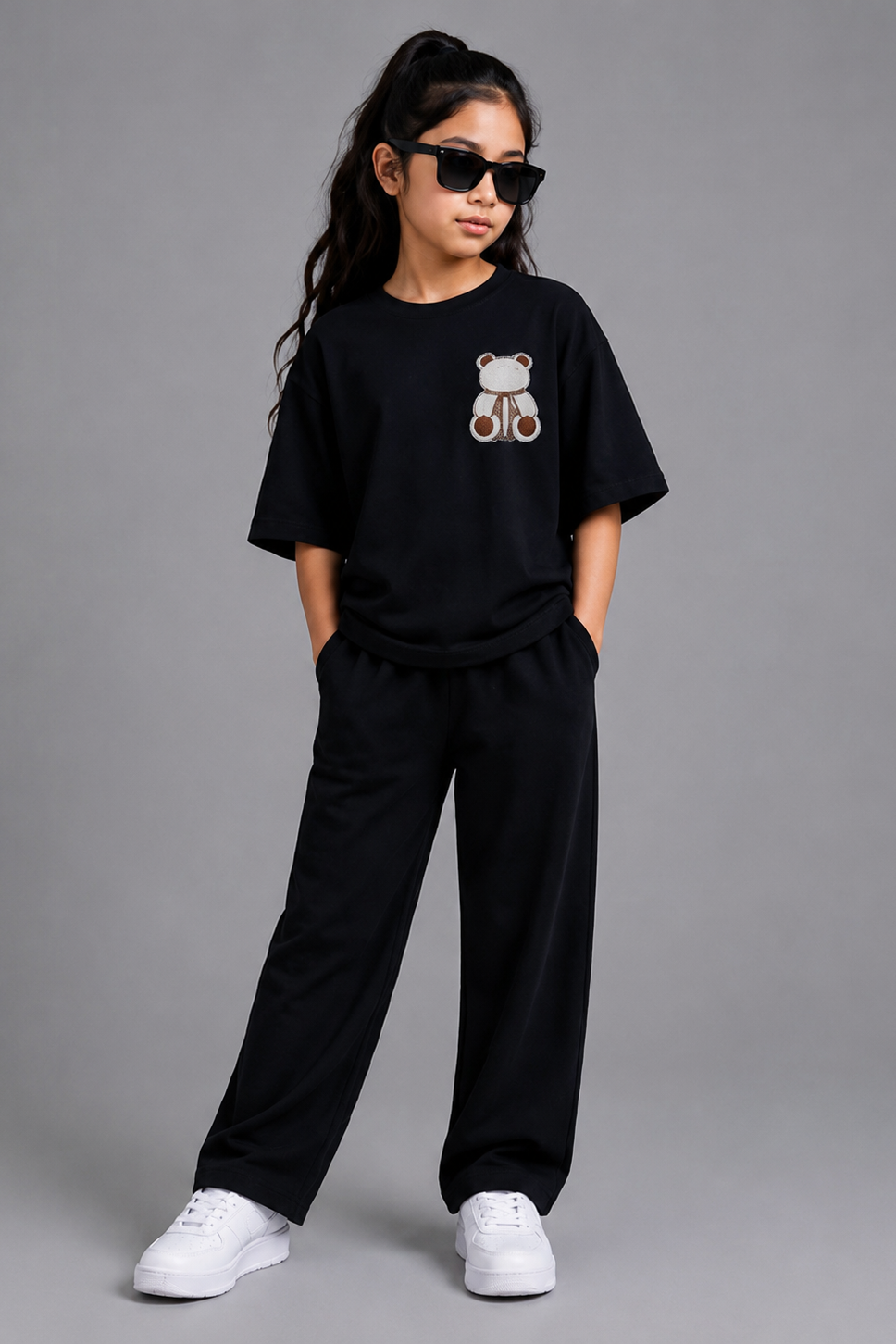 Girls Black Teddy Bear Graphic Co-Ord Set Oversized T-Shirt & Wide-Leg Trouser