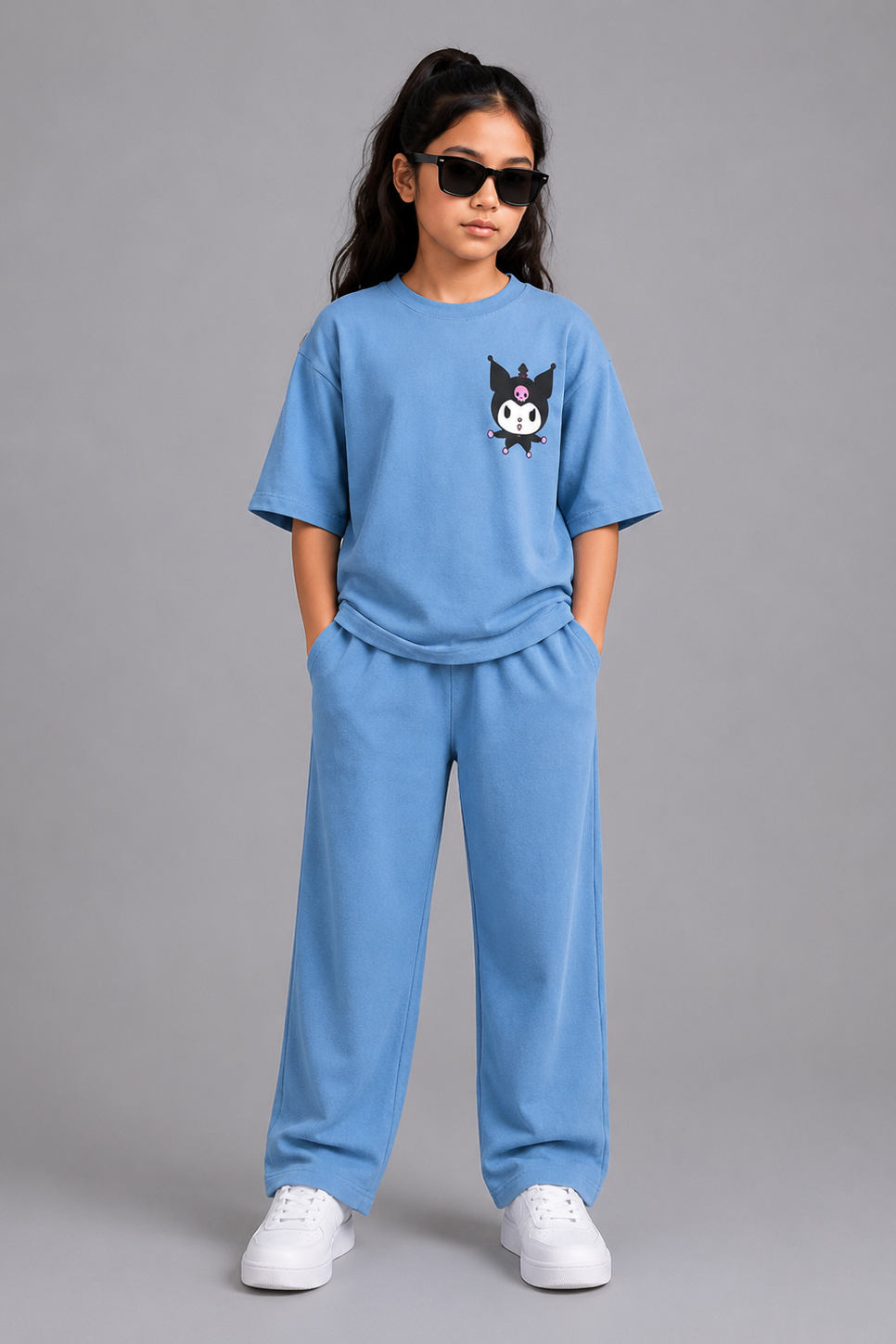Girls Blue Cartoon Graphic Co-Ord Set  Oversized T-Shirt &amp;Wide-Leg Trousers