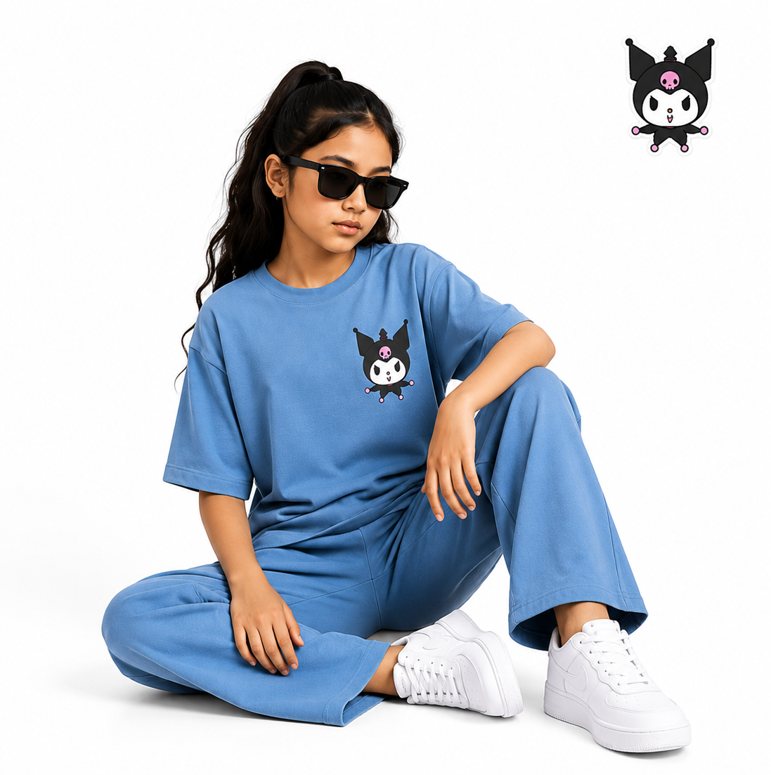 Girls Blue Cartoon Graphic Co-Ord Set  Oversized T-Shirt &Wide-Leg Trousers