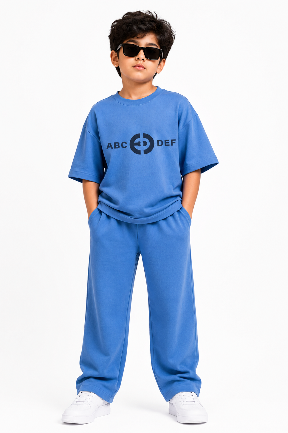 Boys Blue Oversized Co-Ord Set | Premium Cotton Graphic T-Shirt &amp; Wide-Leg Trousers