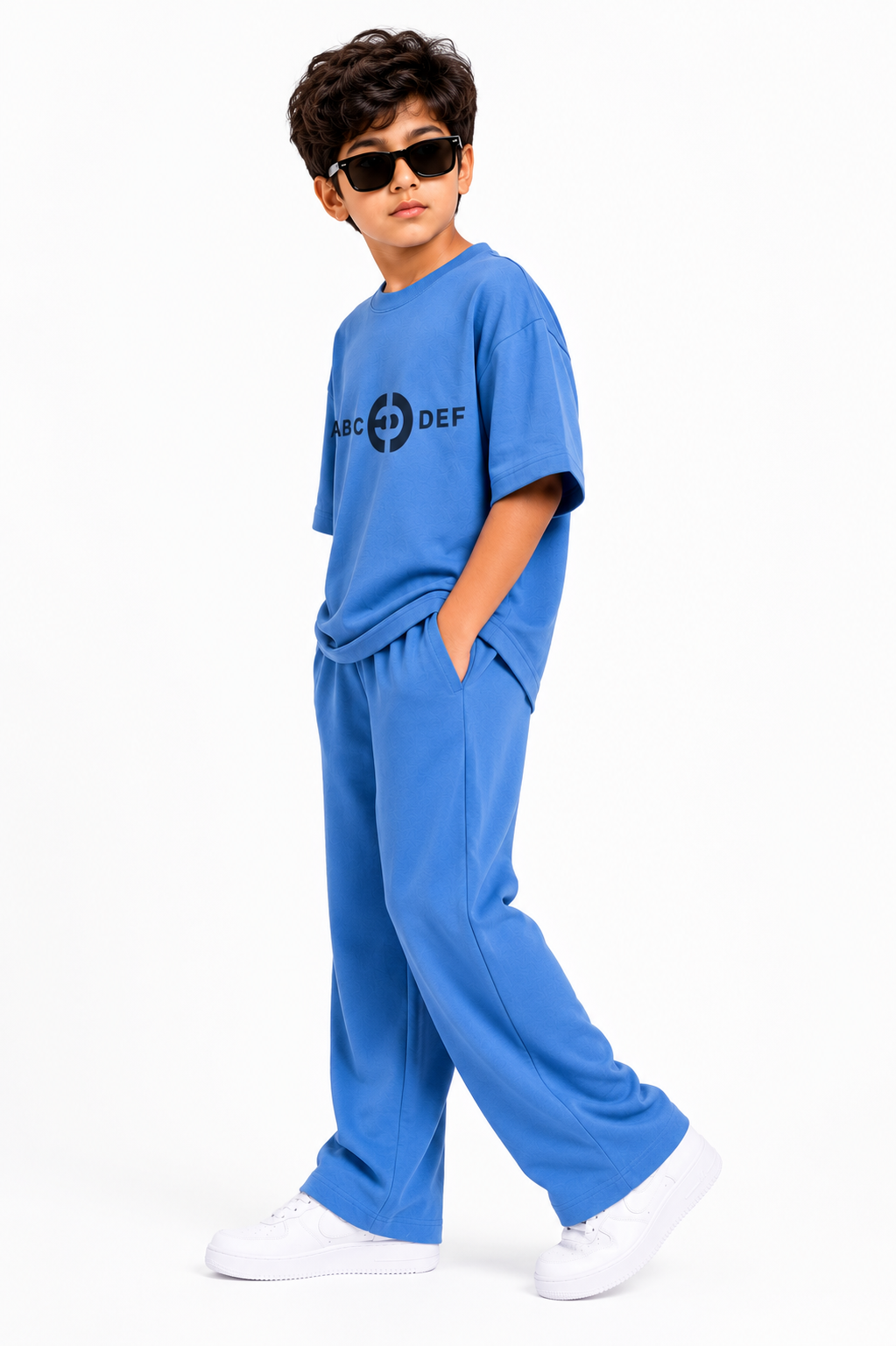 Boys Blue Oversized Co-Ord Set | Premium Cotton Graphic T-Shirt &amp; Wide-Leg Trousers