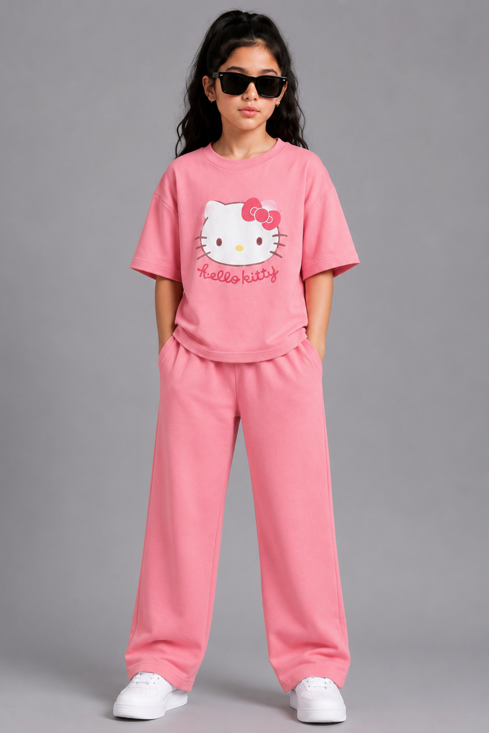 Girls Pink Hello Kitty Graphic Co-Ord Set Oversized T-Shirt &amp; Wide-Leg Trousers