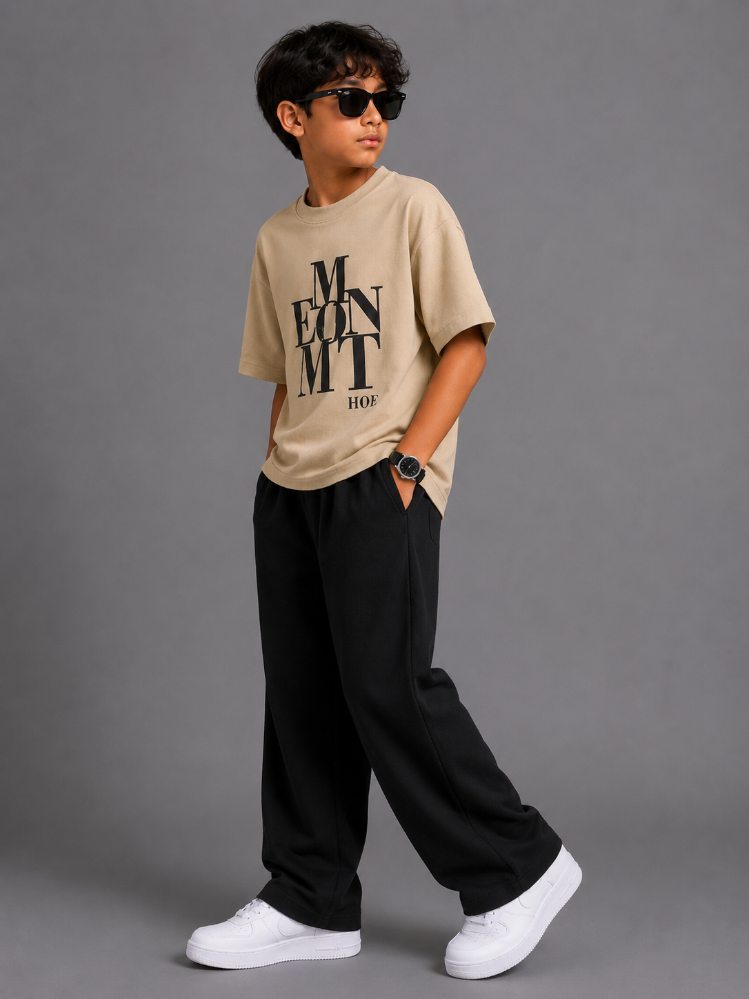 Boys Beige Oversized Graphic T-Shirt Black Wide-Leg Trouser Co-Ord Set