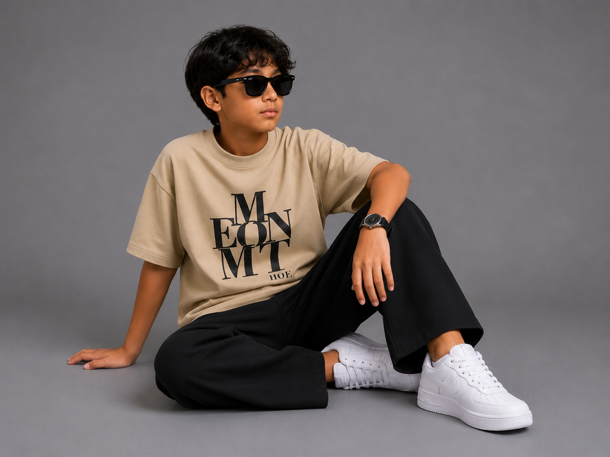 Boys Beige Oversized Graphic T-Shirt Black Wide-Leg Trouser Co-Ord Set