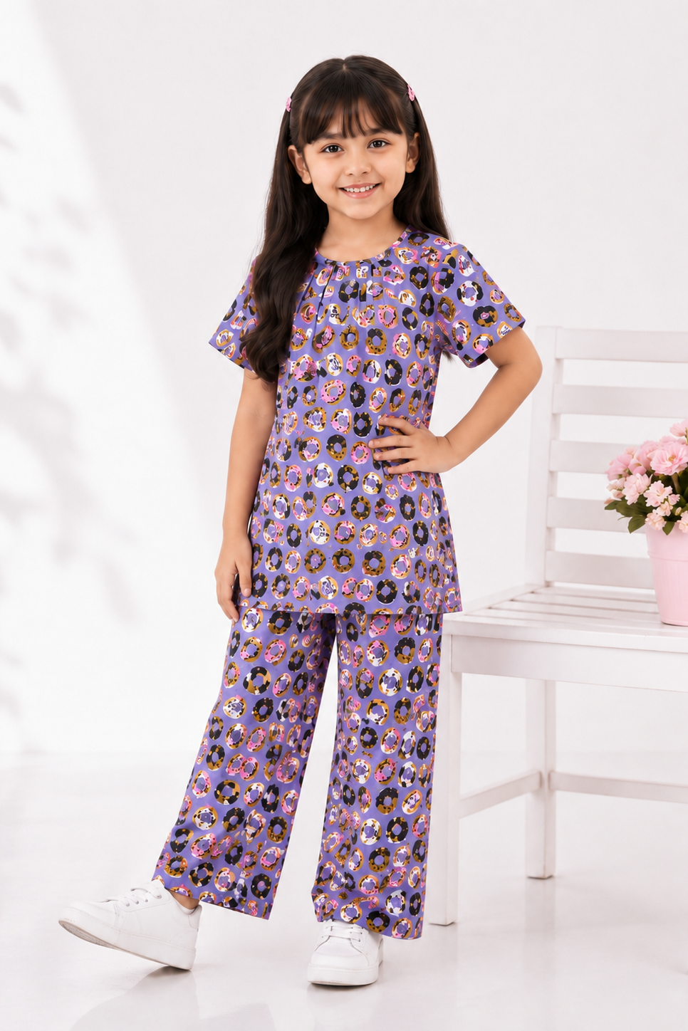 Girls Donut Print Co-Ord Set – Lavender Top & Trouser