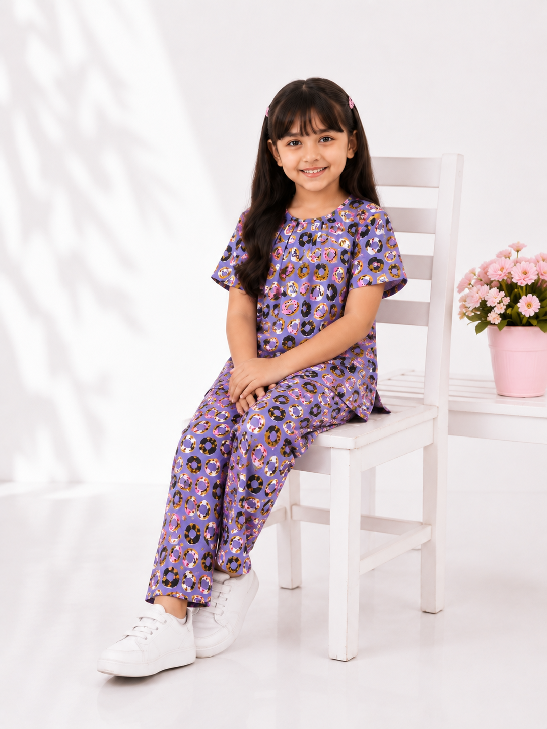 Girls Donut Print Co-Ord Set – Lavender Top & Trouser
