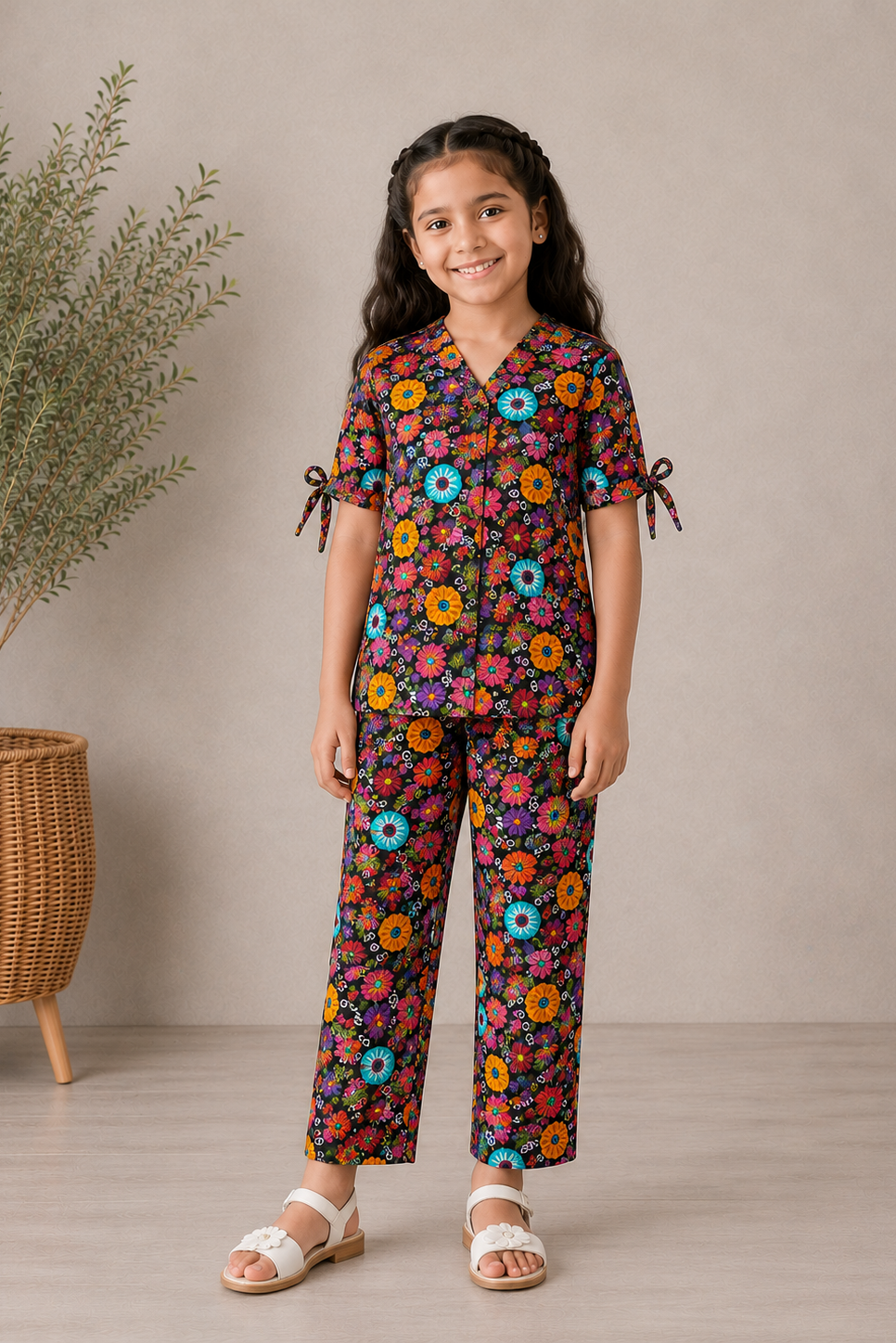 Girls Floral Night Suit – Half Sleeve Pajama Set