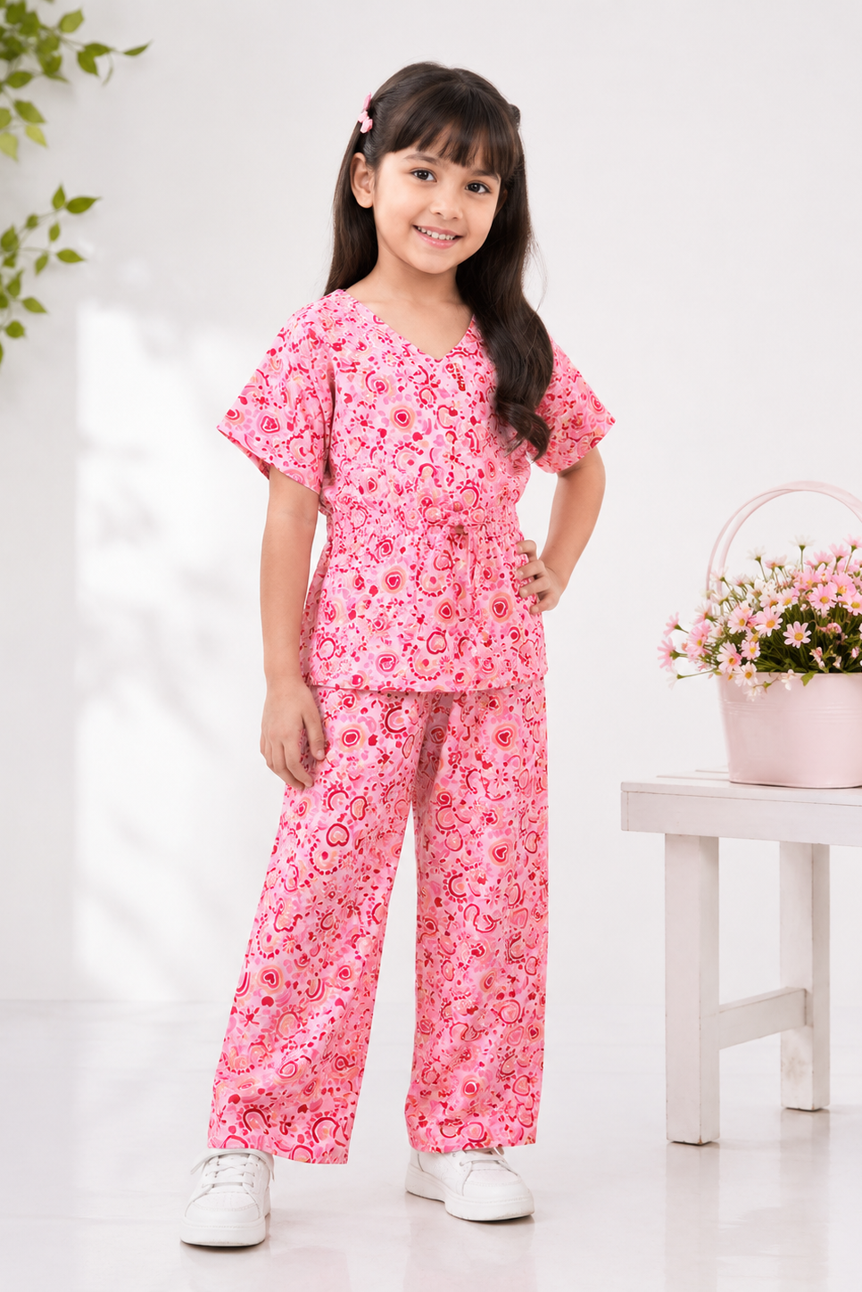 Girls Pink Hearts Co-Ord Set – Printed Top &amp; Wide Leg Trouser